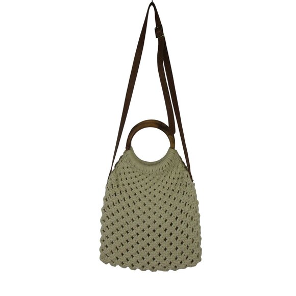Sigrid Olson Woven Macrame Bag w/Wooden Handles Retro 70s Boho Cottagecore - Picture 1 of 6